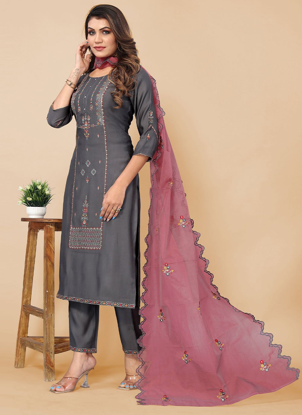 Salwar Suit Poly Rayon Grey Embroidered Salwar Kameez