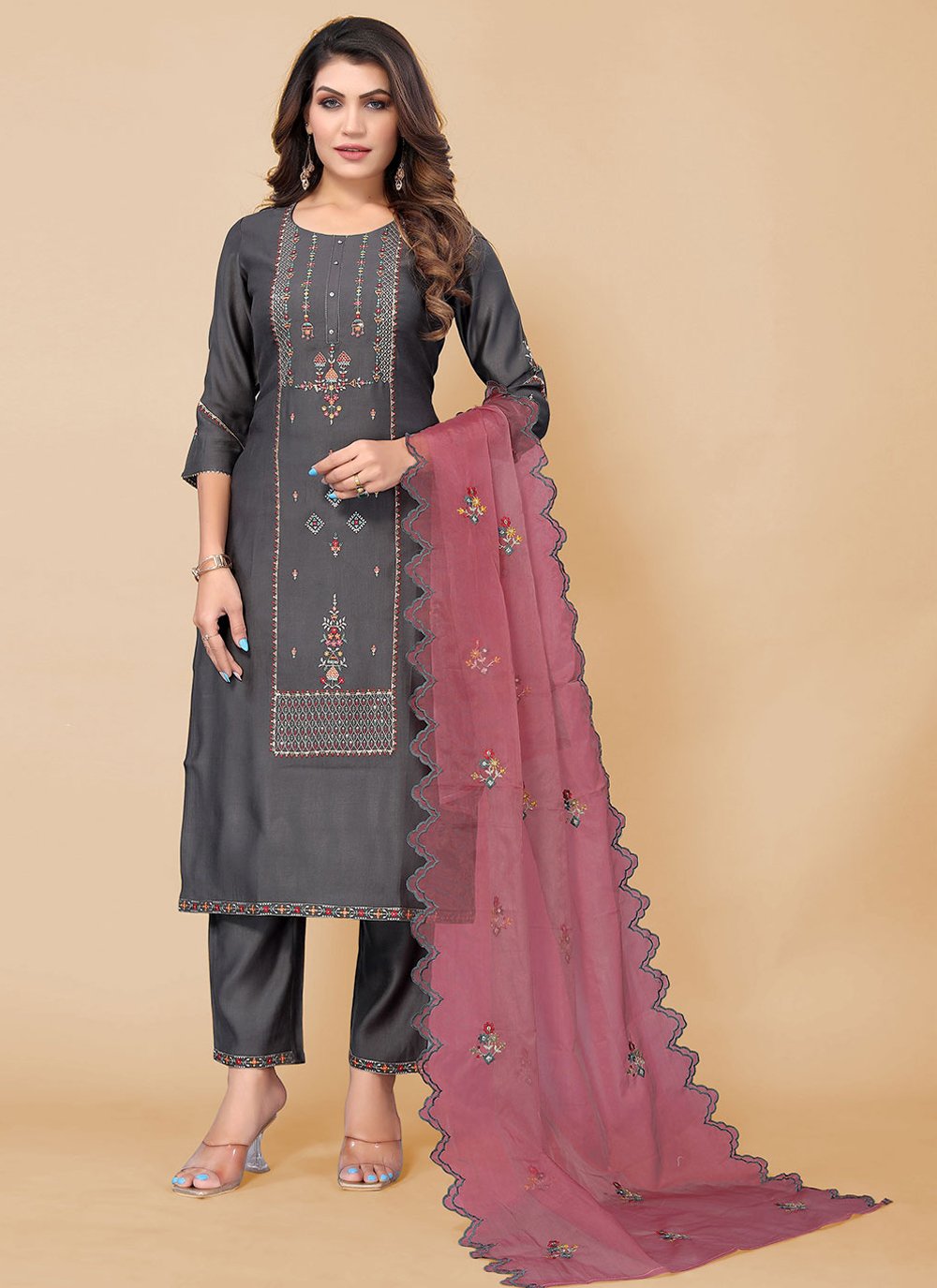 Salwar Suit Poly Rayon Grey Embroidered Salwar Kameez