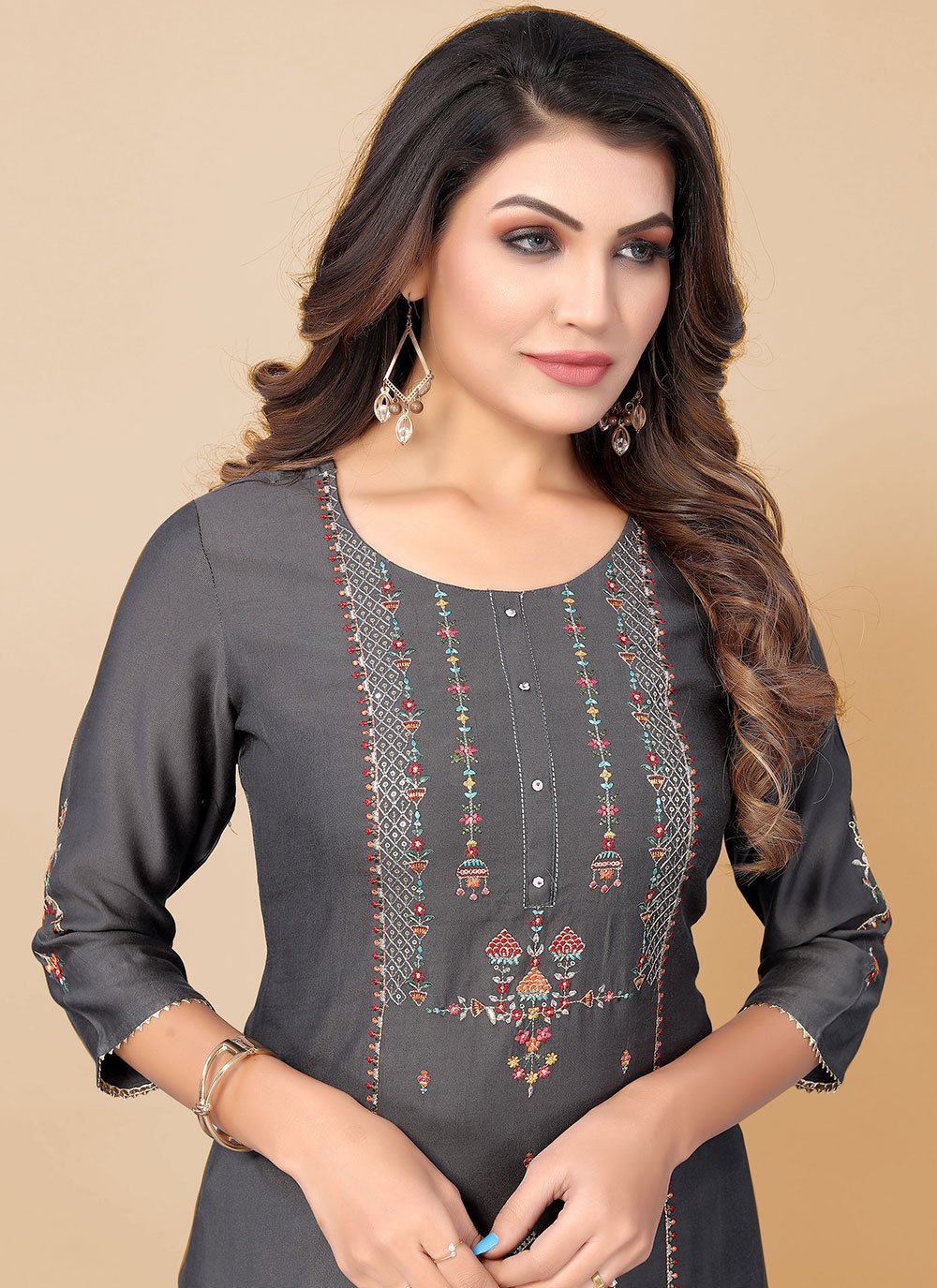 Salwar Suit Poly Rayon Grey Embroidered Salwar Kameez