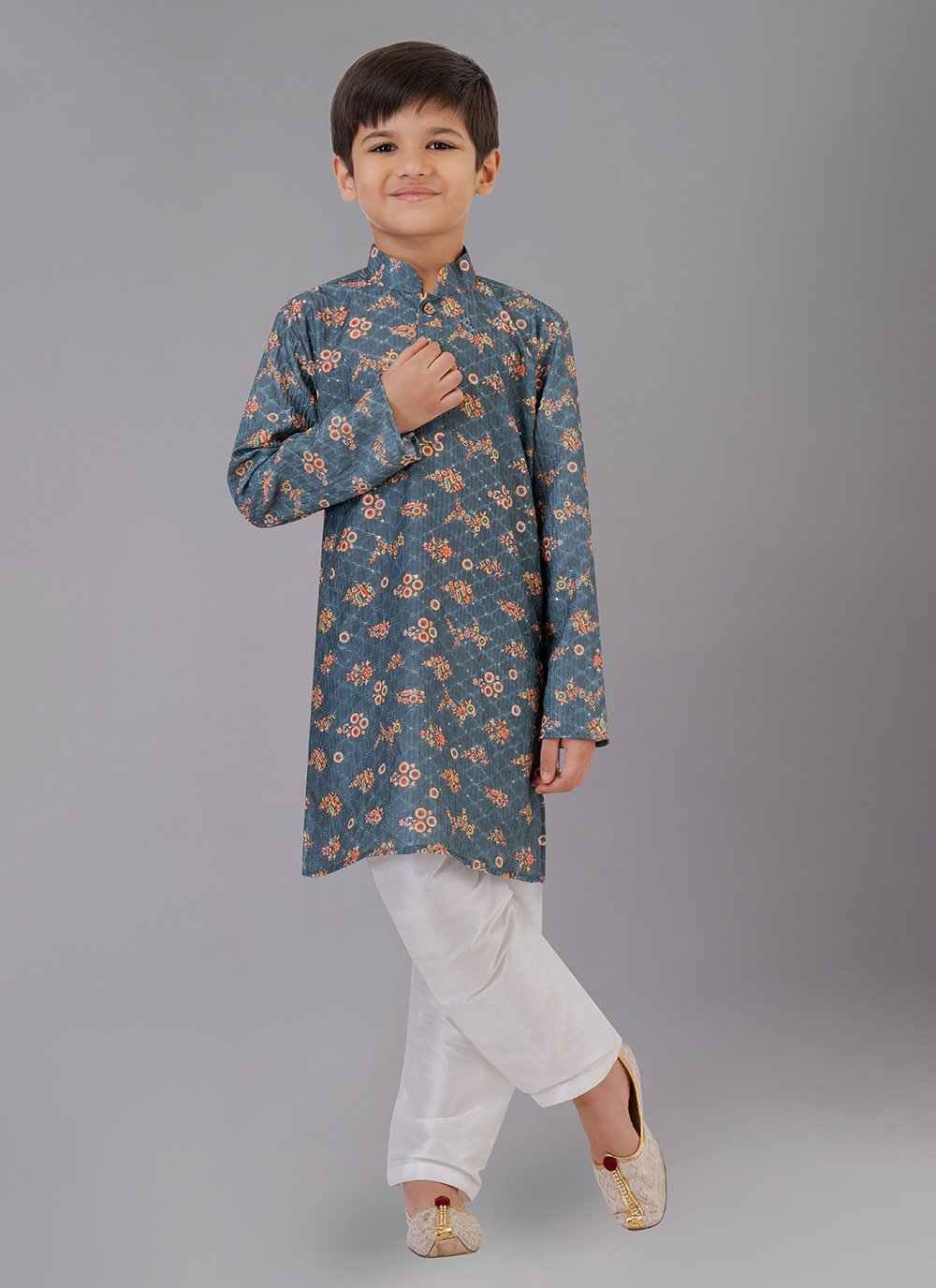 Kurta Pyjama Polyester Grey Digital Print Kids