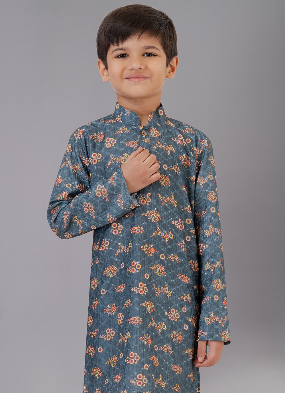 Kurta Pyjama Polyester Grey Digital Print Kids