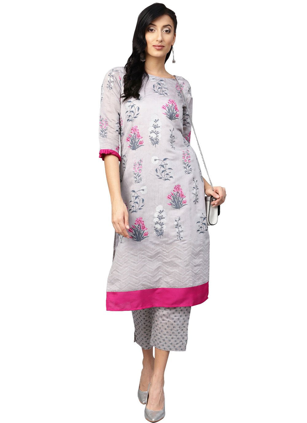 Casual Kurti Chanderi Silk Grey Print Kurtis