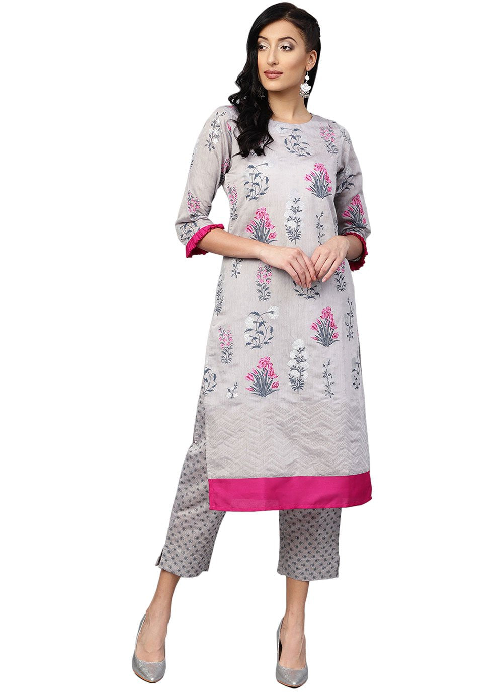 Casual Kurti Chanderi Silk Grey Print Kurtis