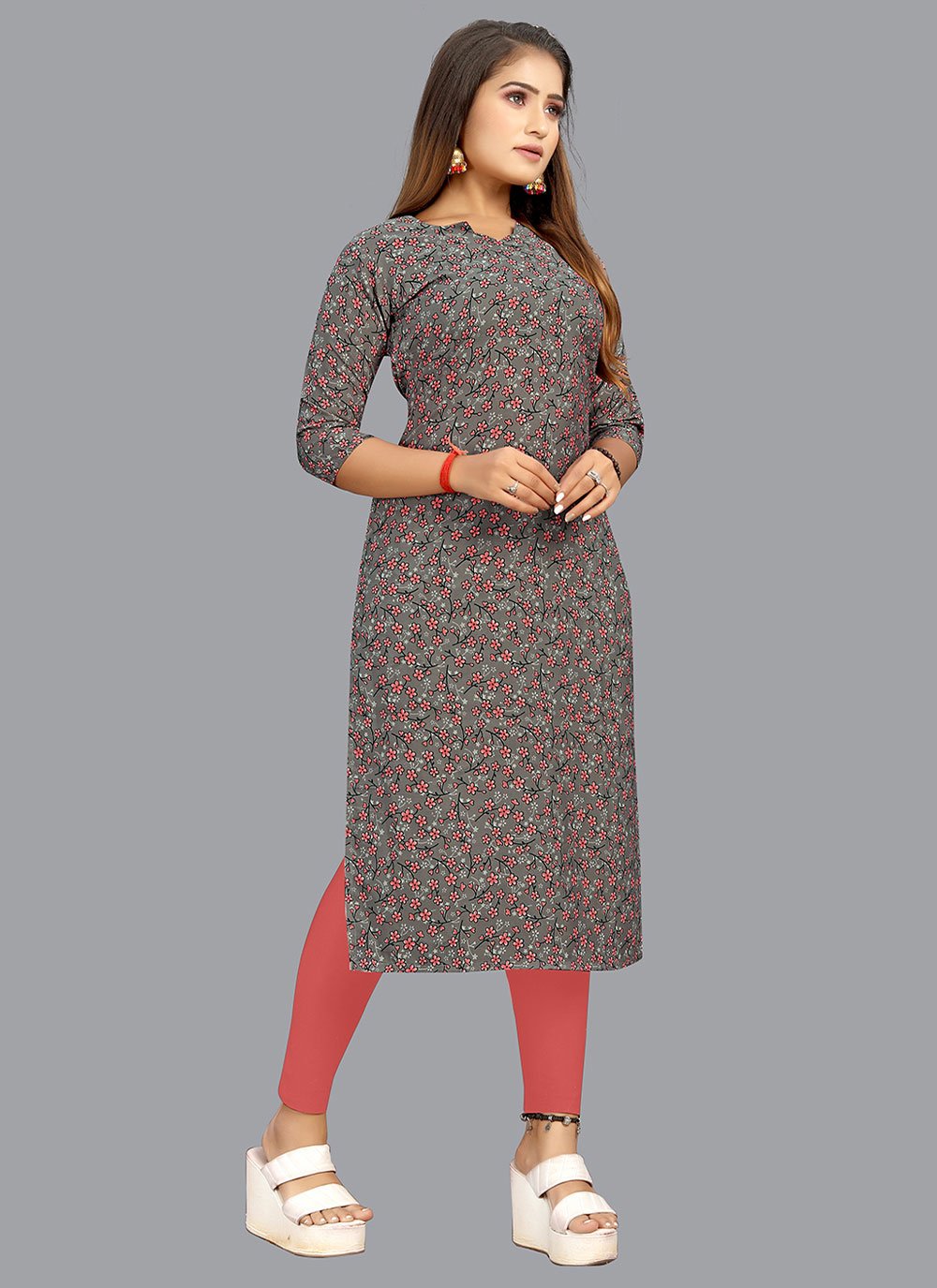 Casual Kurti Faux Crepe Grey Print Kurtis