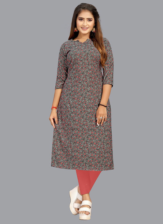 Casual Kurti Faux Crepe Grey Print Kurtis