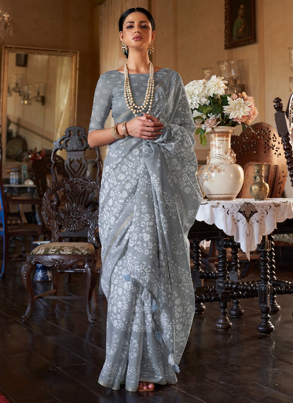 Trendy Saree Cotton Grey Print Saree