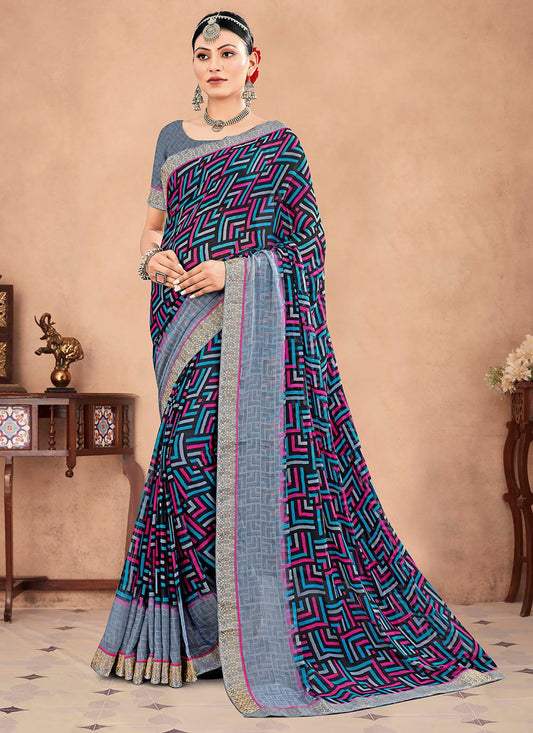 Classic Chiffon Grey Patch Border Saree