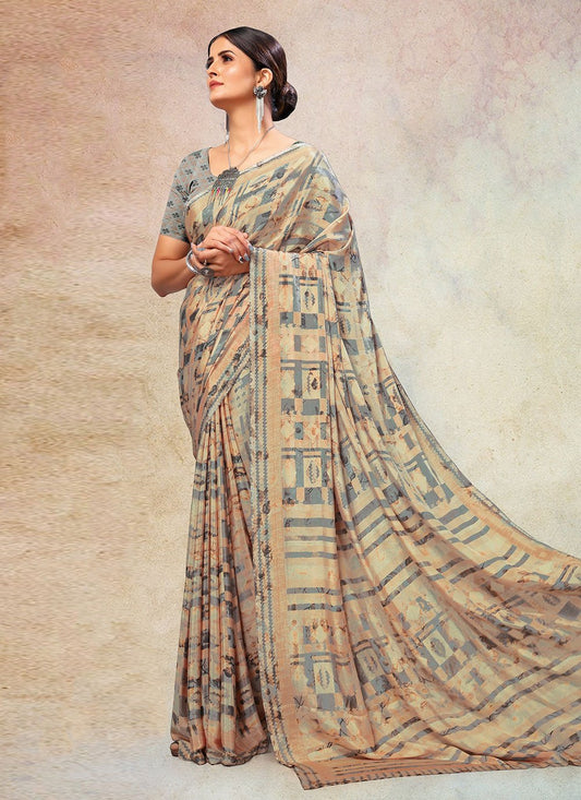 Classic Faux Crepe Grey Print Saree