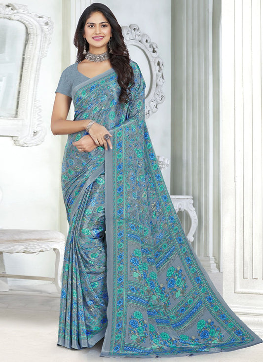 Classic Faux Crepe Grey Print Saree