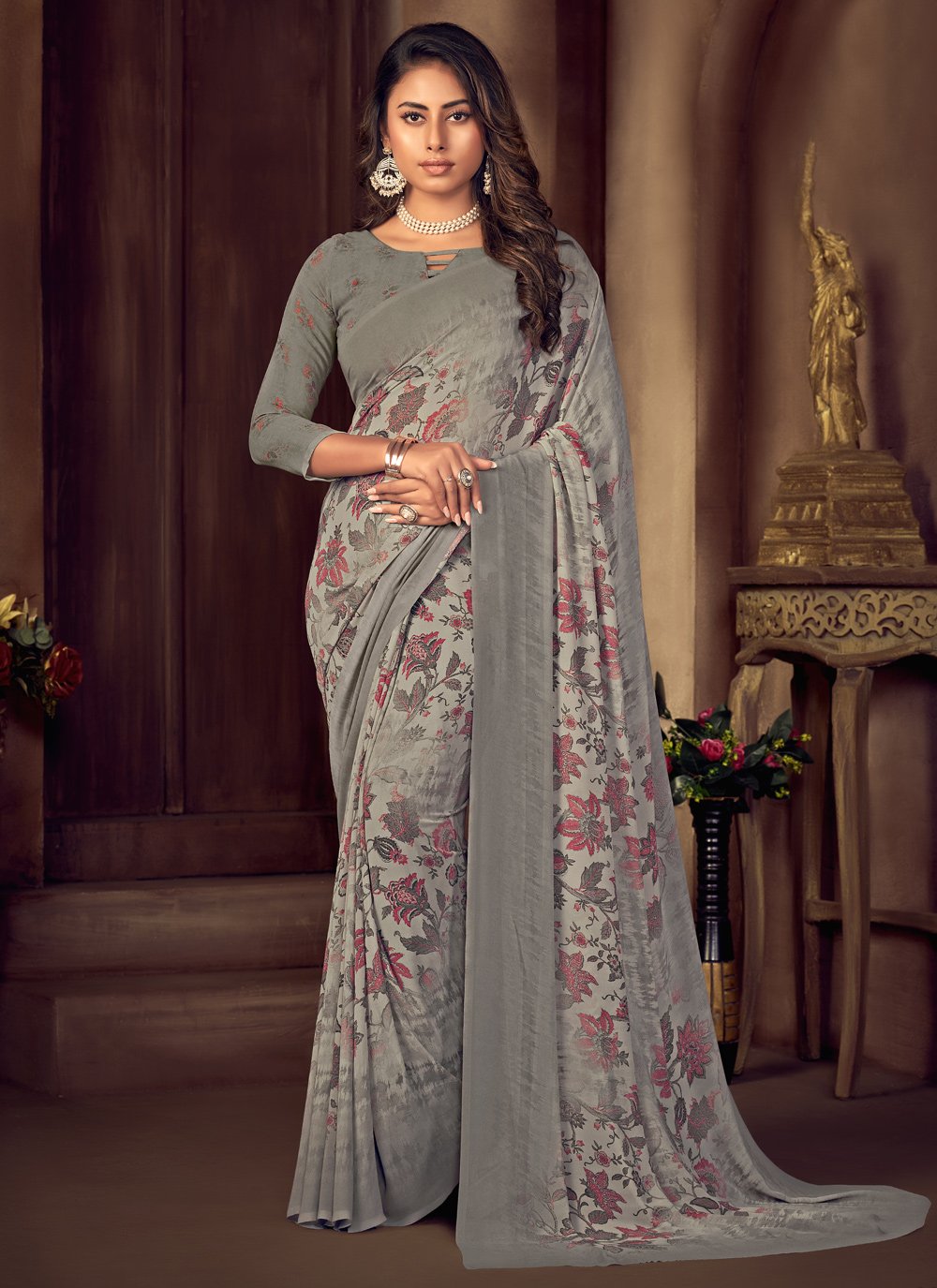 Trendy Saree Georgette Grey Print Saree