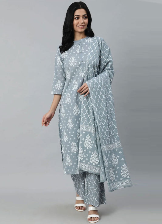 Salwar Suit Cotton Grey Print Salwar Kameez