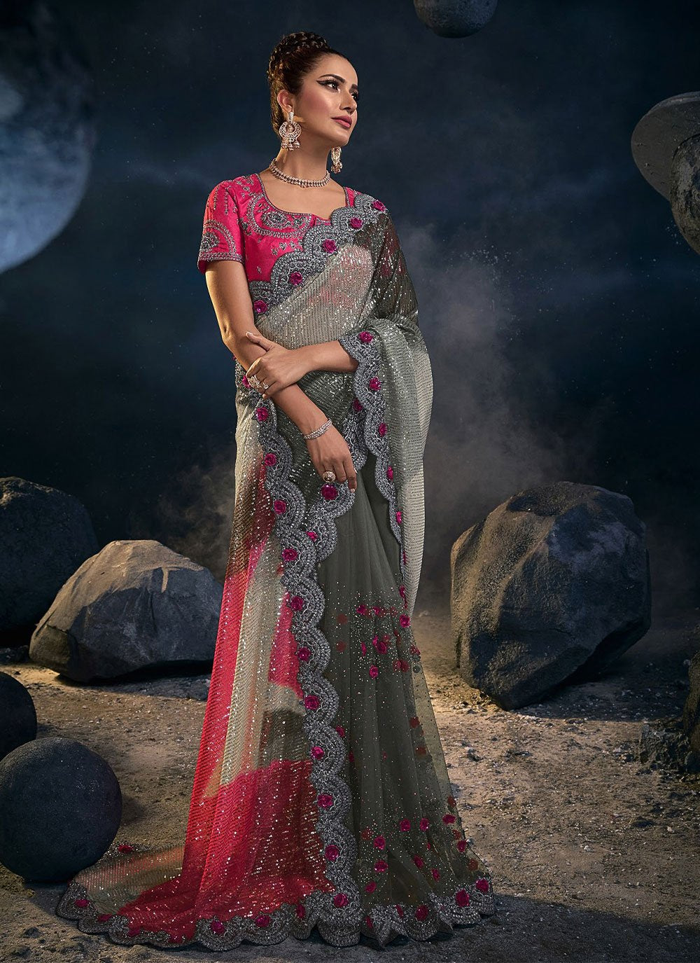 Classic Net Grey Embroidered Saree