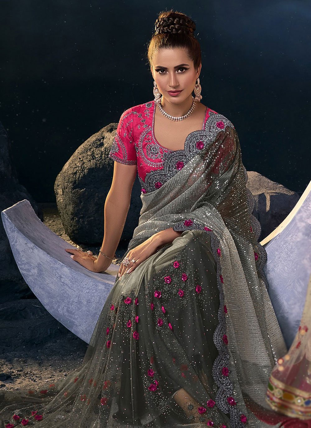 Classic Net Grey Embroidered Saree