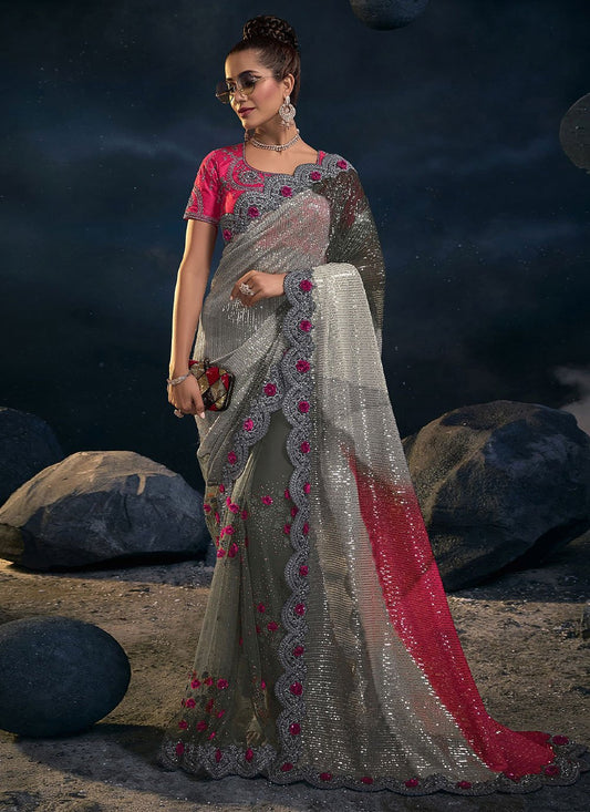 Classic Net Grey Embroidered Saree