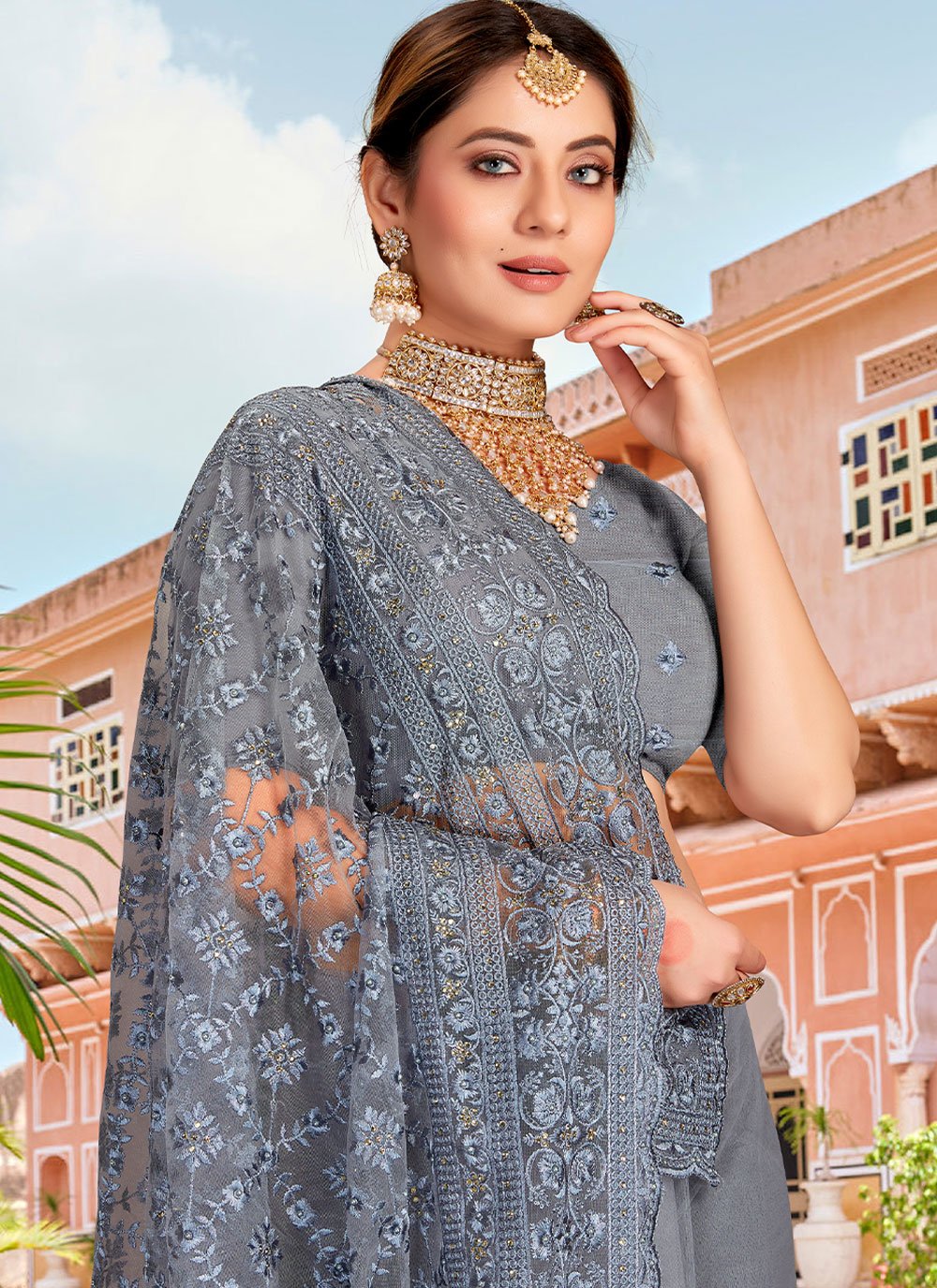 Classic Net Grey Embroidered Saree