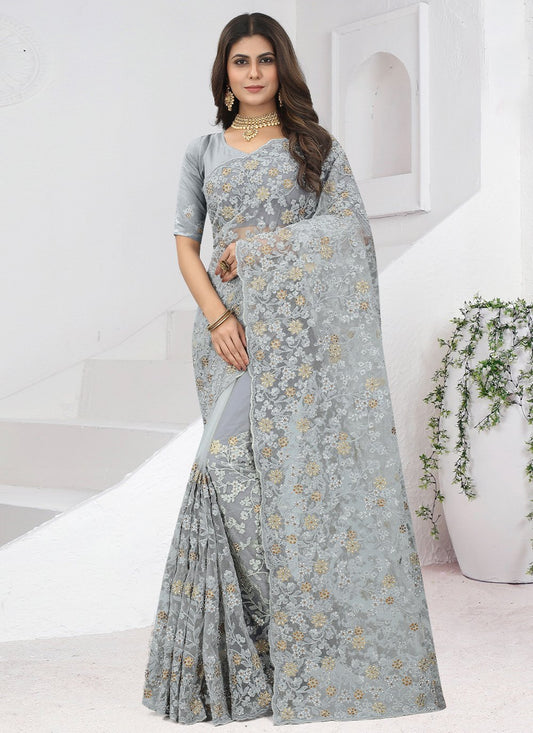 Trendy Saree Net Grey Embroidered Saree