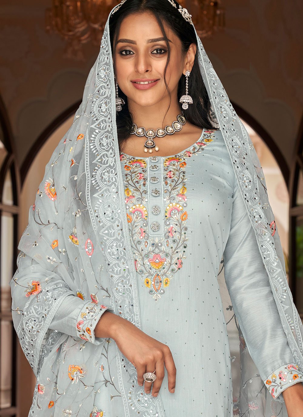 Pant Style Suit Silk Grey Embroidered Salwar Kameez