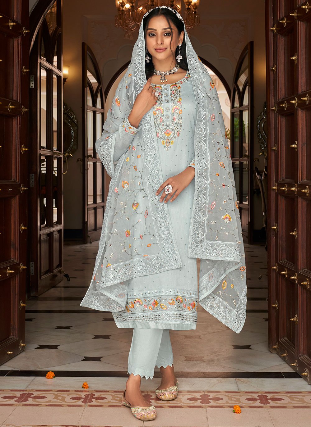 Pant Style Suit Silk Grey Embroidered Salwar Kameez