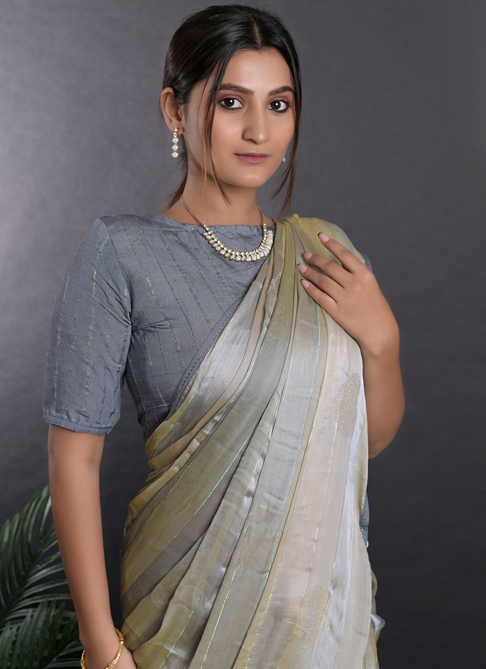 Contemporary Satin Grey Print Saree