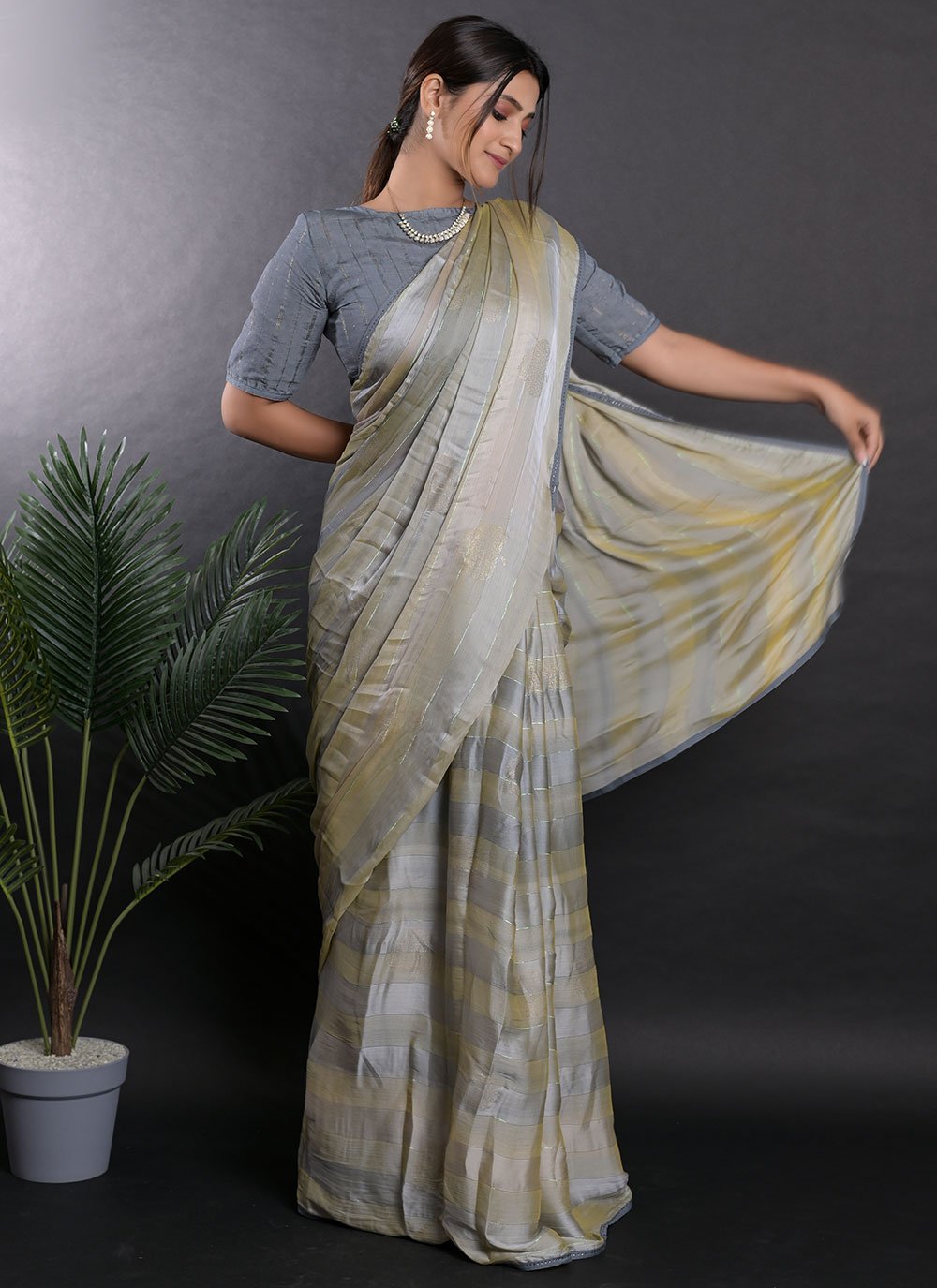 Contemporary Satin Grey Print Saree