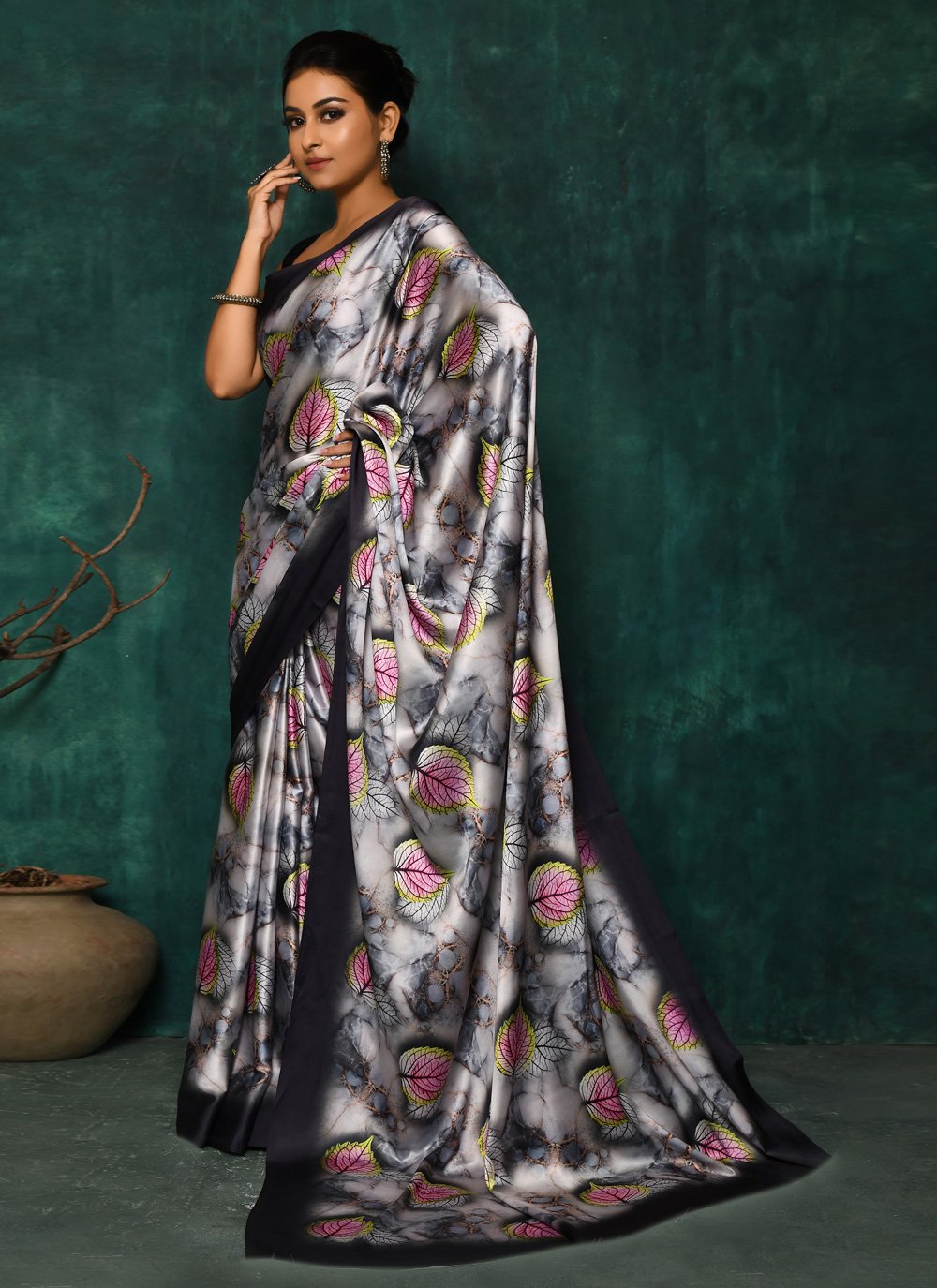 Designer Satin Grey Digital Print Saree