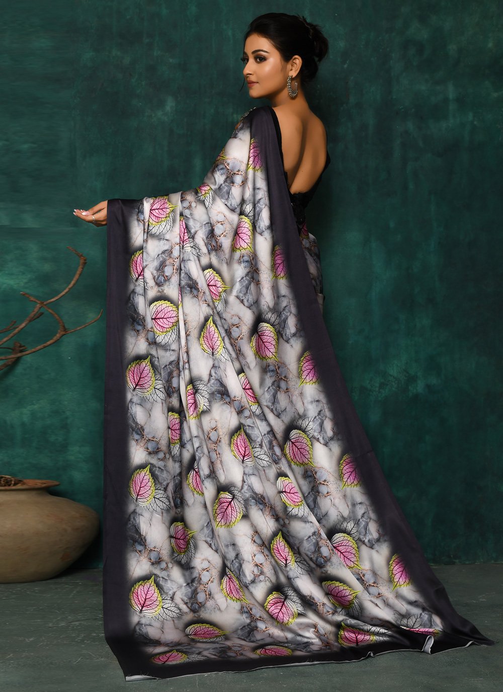 Designer Satin Grey Digital Print Saree