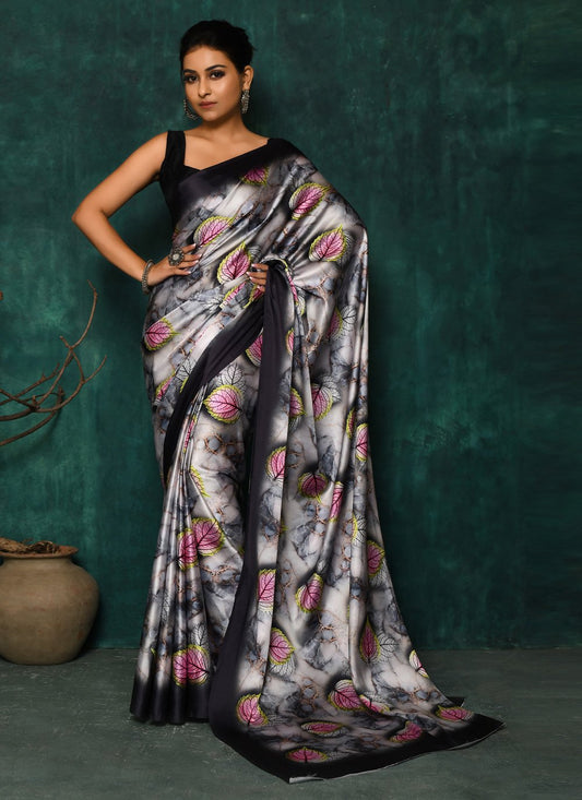 Designer Satin Grey Digital Print Saree