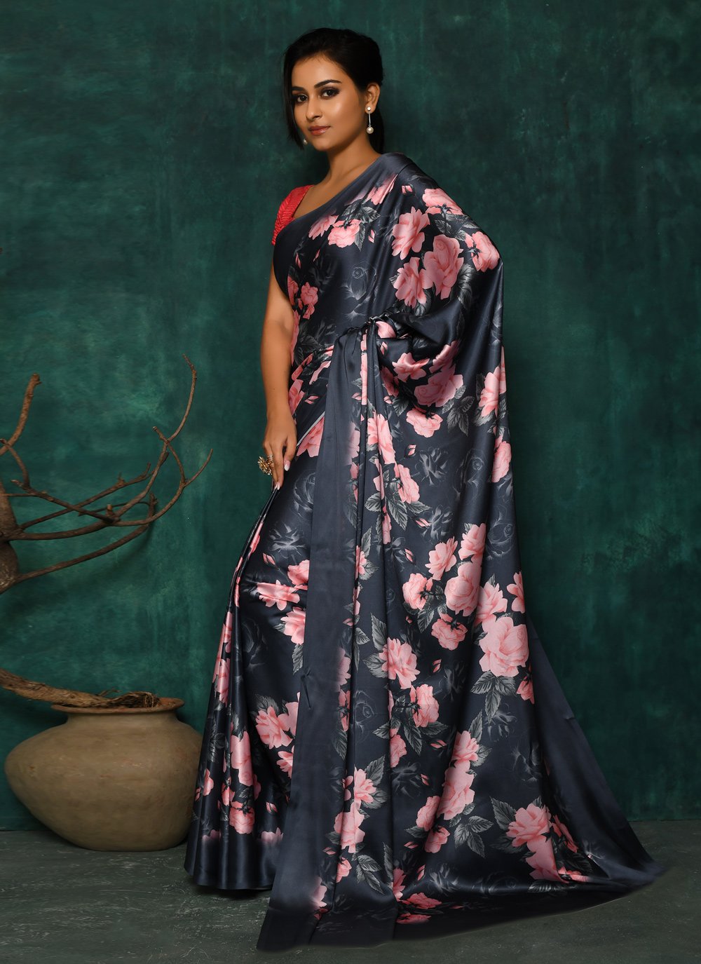 Designer Satin Grey Digital Print Saree