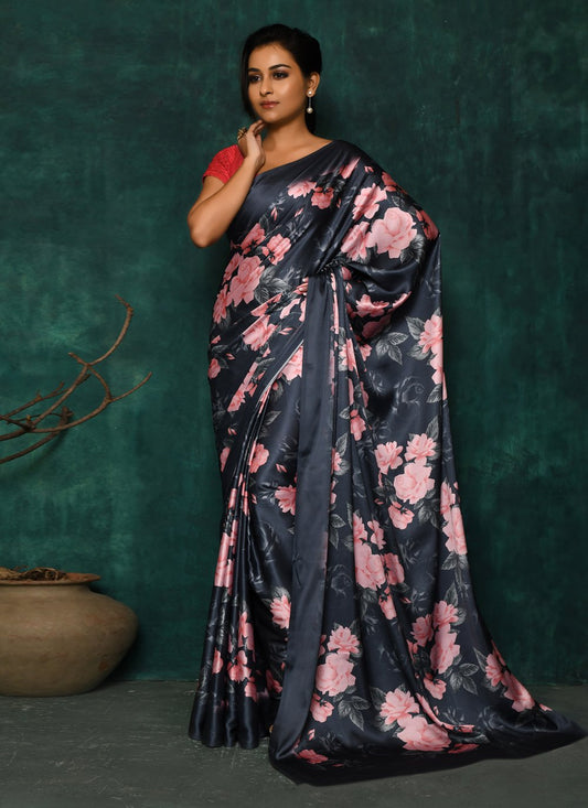 Designer Satin Grey Digital Print Saree