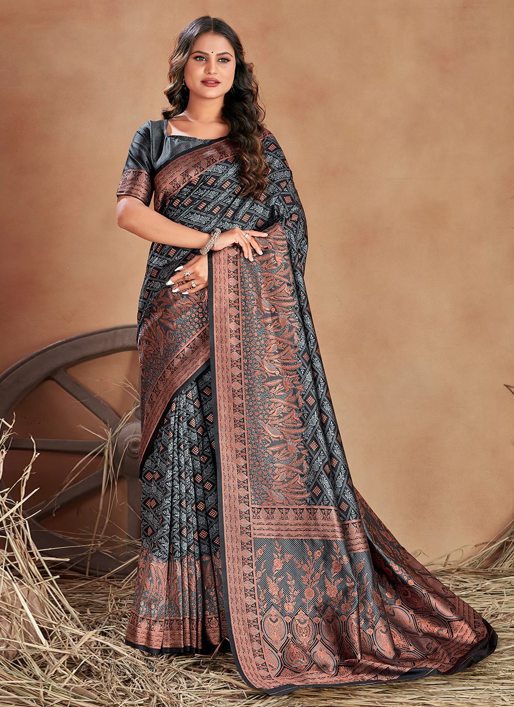 Contemporary Satin Silk Grey Woven Saree