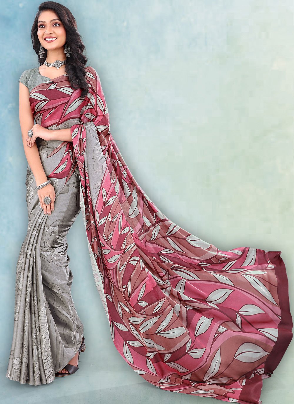 Trendy Saree Satin Grey Digital Print Saree