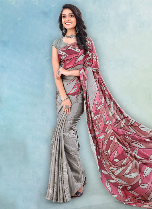 Trendy Saree Satin Grey Digital Print Saree