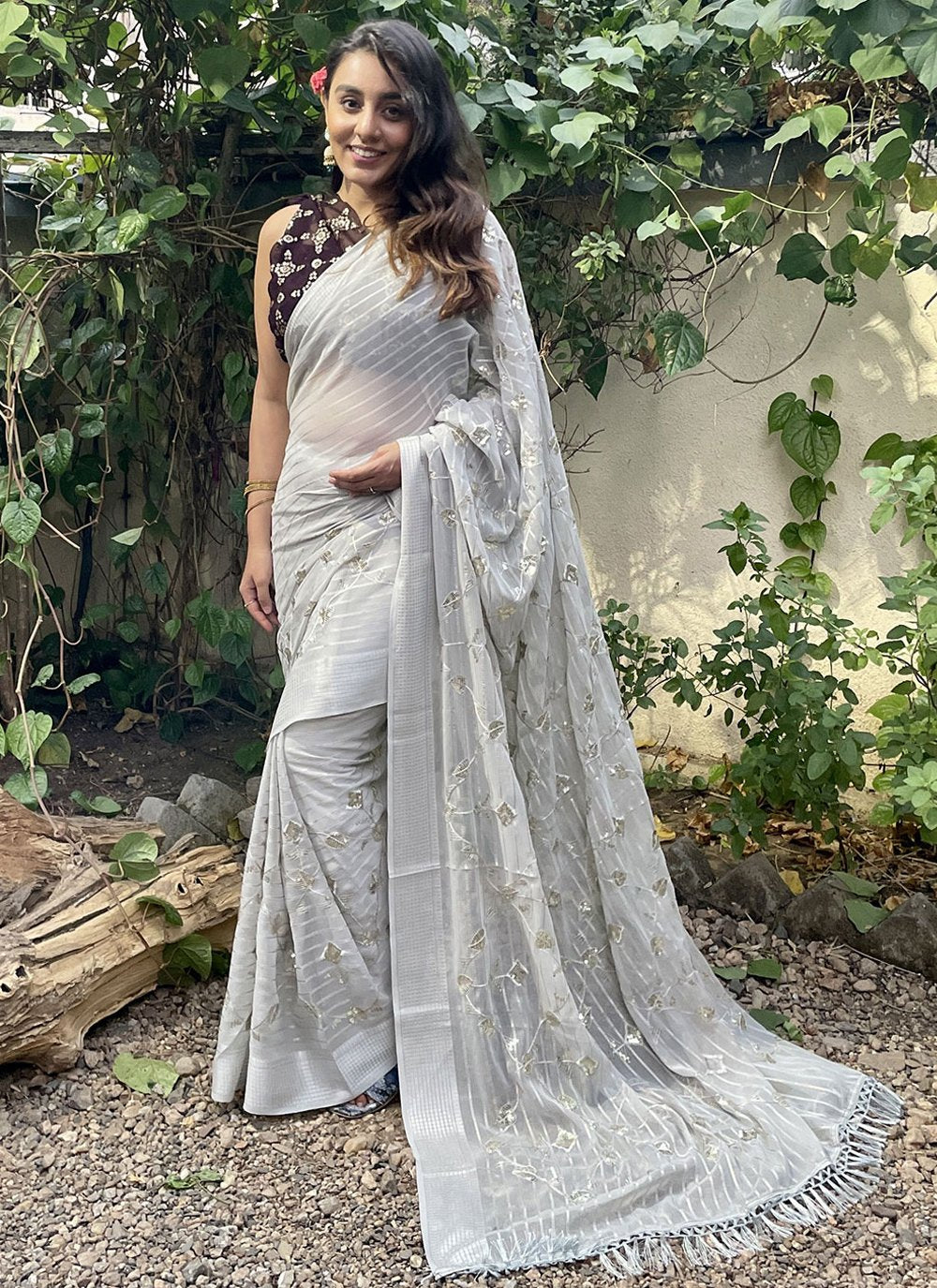 Classic Georgette Grey Embroidered Saree