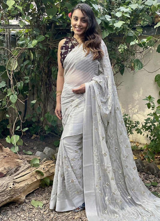 Classic Georgette Grey Embroidered Saree