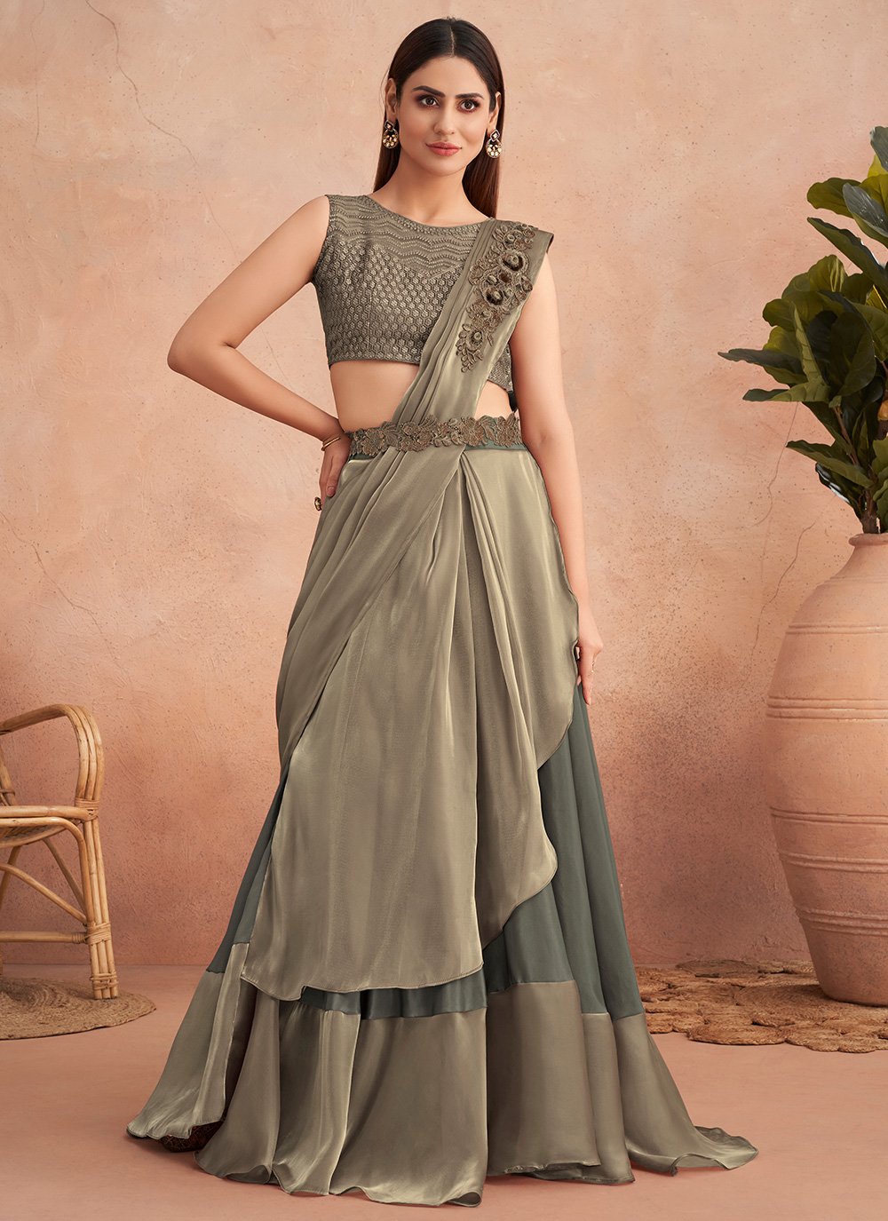 Designer Art Silk Grey Embroidered Saree