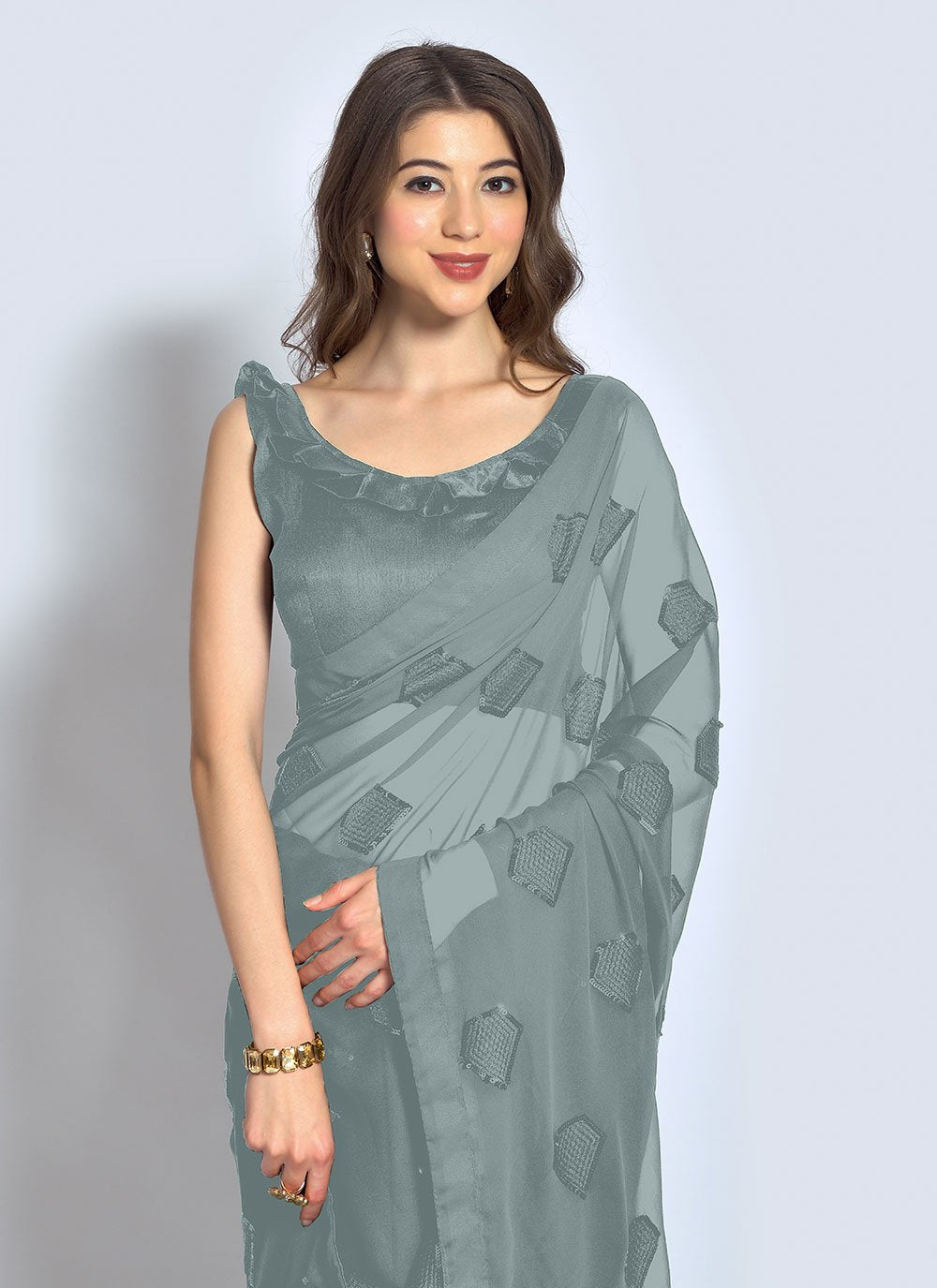 Trendy Saree Georgette Grey Sequins Saree