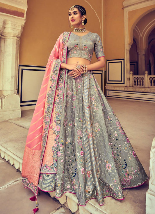 A Line Lehenga Silk Grey Beads Lehenga Choli