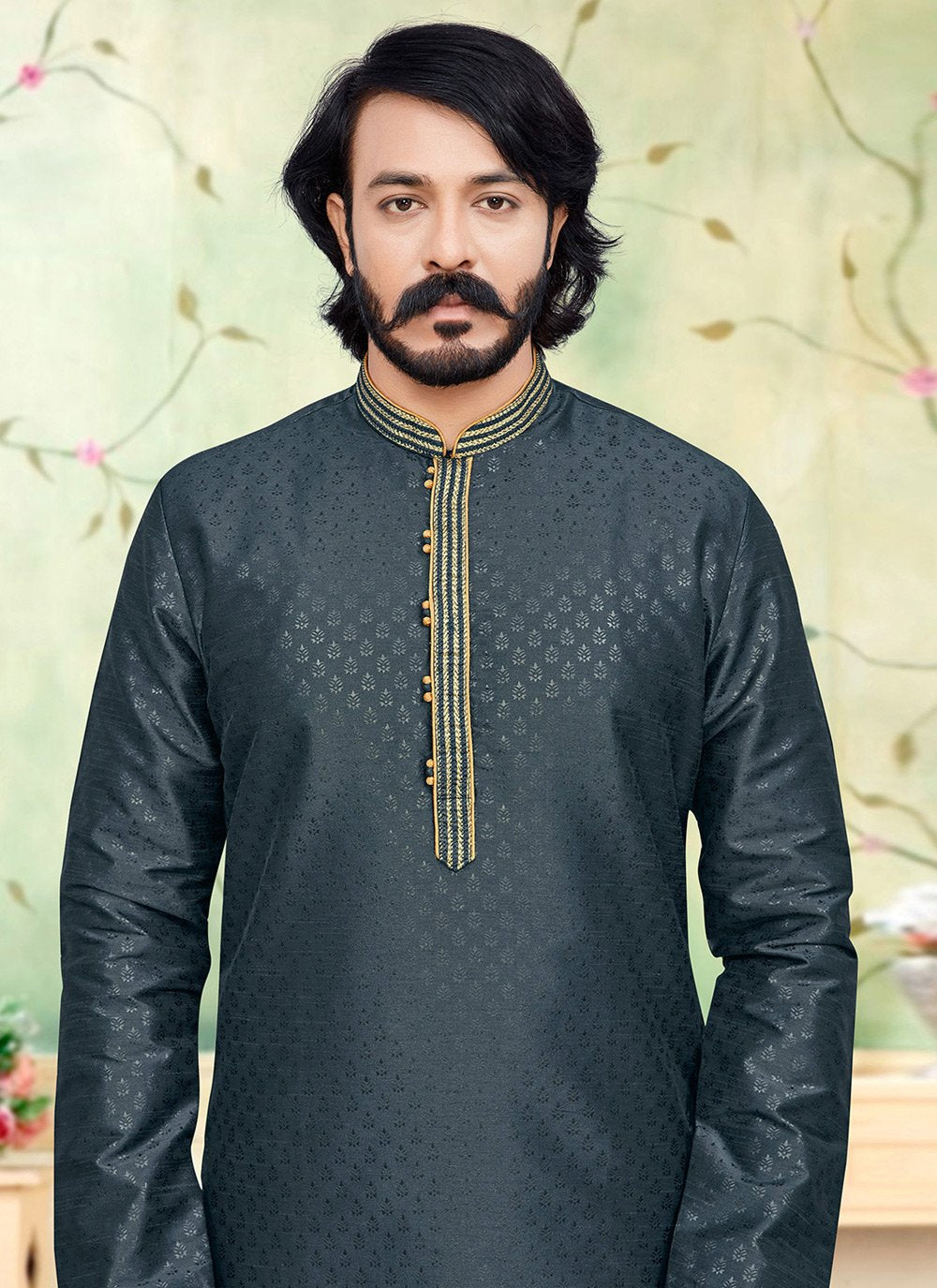 Kurta Pyjama Silk Grey Fancy Work Mens