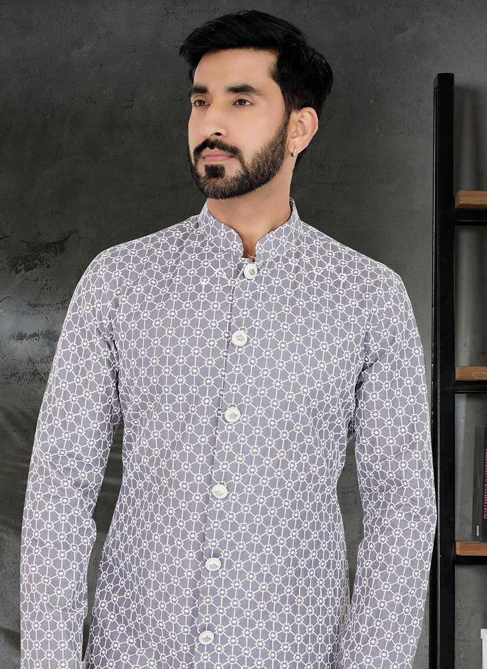 Kurta Pyjama Silk Grey Embroidered Mens