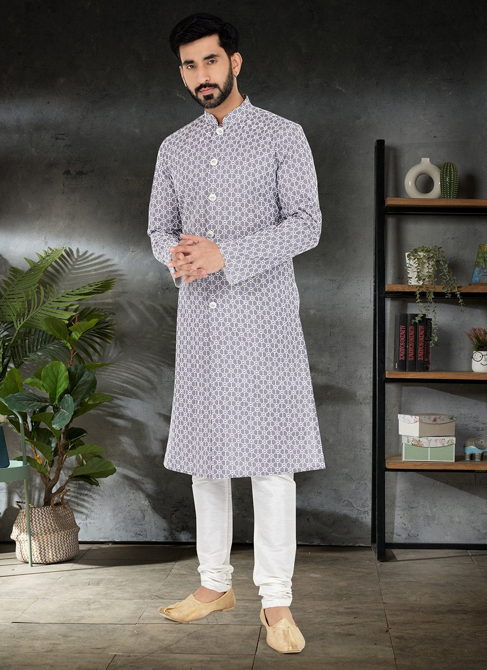 Kurta Pyjama Silk Grey Embroidered Mens