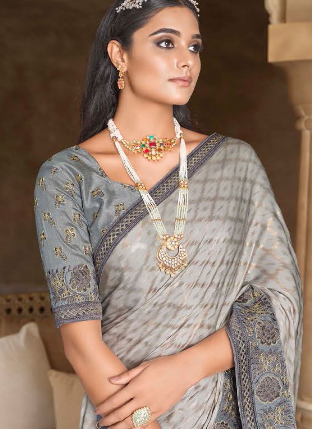 Classic Silk Grey Embroidered Saree