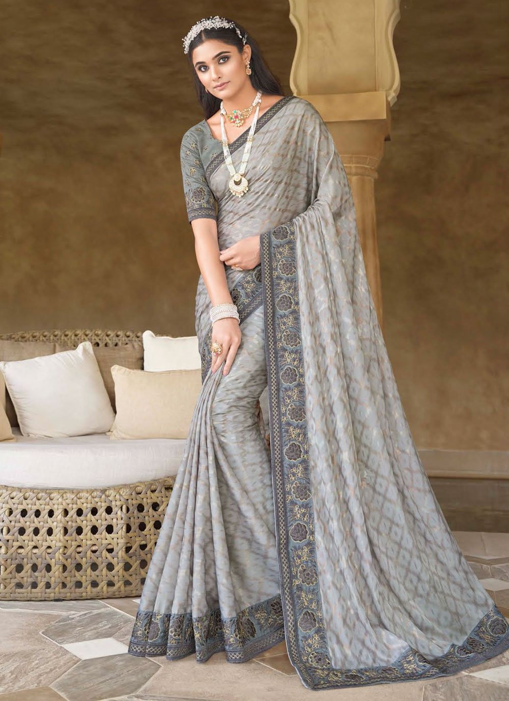 Classic Silk Grey Embroidered Saree