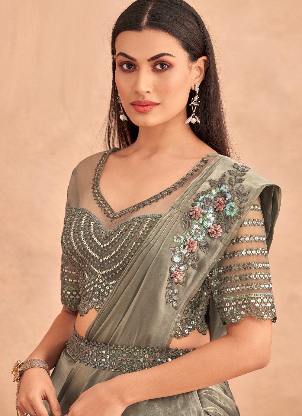 Lehenga Style Saree Silk Grey Embroidered Saree