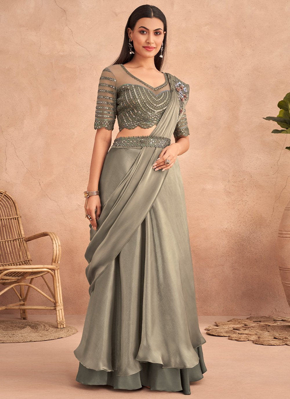 Lehenga Style Saree Silk Grey Embroidered Saree