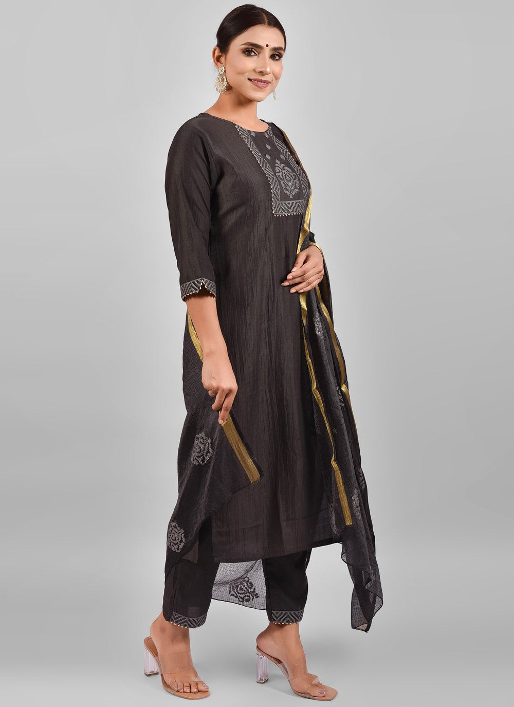 Pant Style Suit Chinon Silk Grey Fancy Work Salwar Kameez