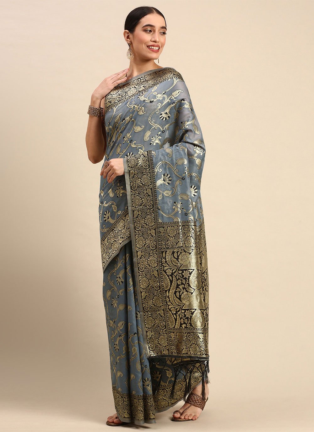 Trendy Saree Soft Cotton Grey Weaving Saree