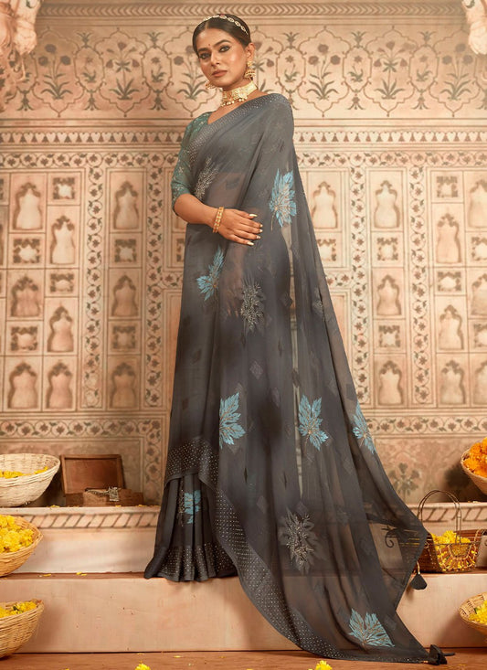 Contemporary Georgette Grey Stone Saree