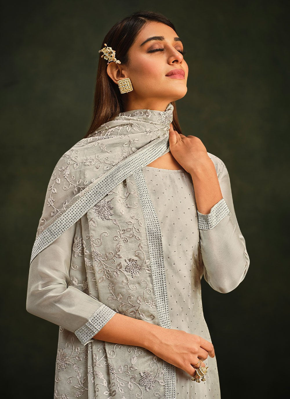 Straight Salwar Suit Organza Grey Embroidered Salwar Kameez