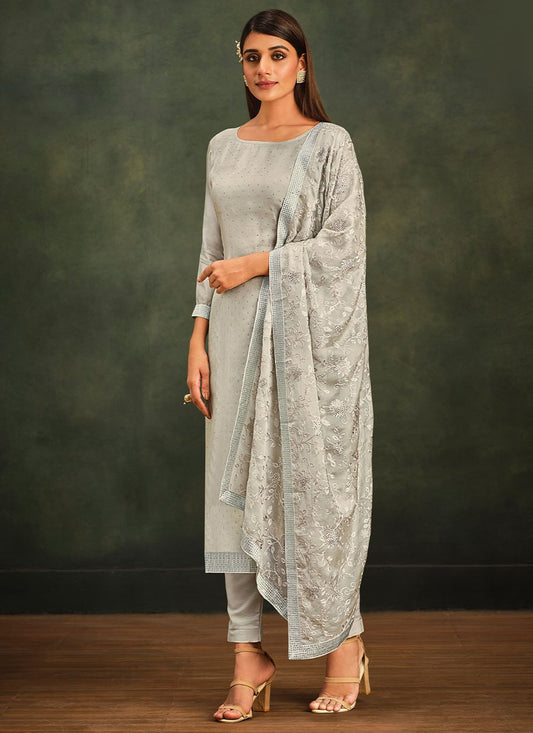 Straight Salwar Suit Organza Grey Embroidered Salwar Kameez