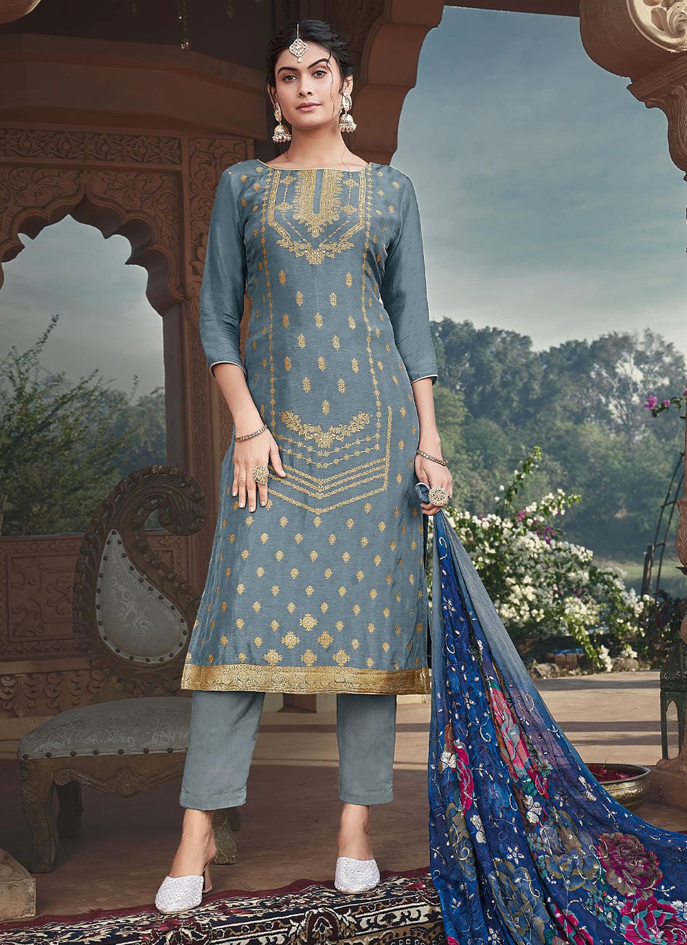 Straight Salwar Suit Silk Viscose Grey Digital Print Salwar Kameez